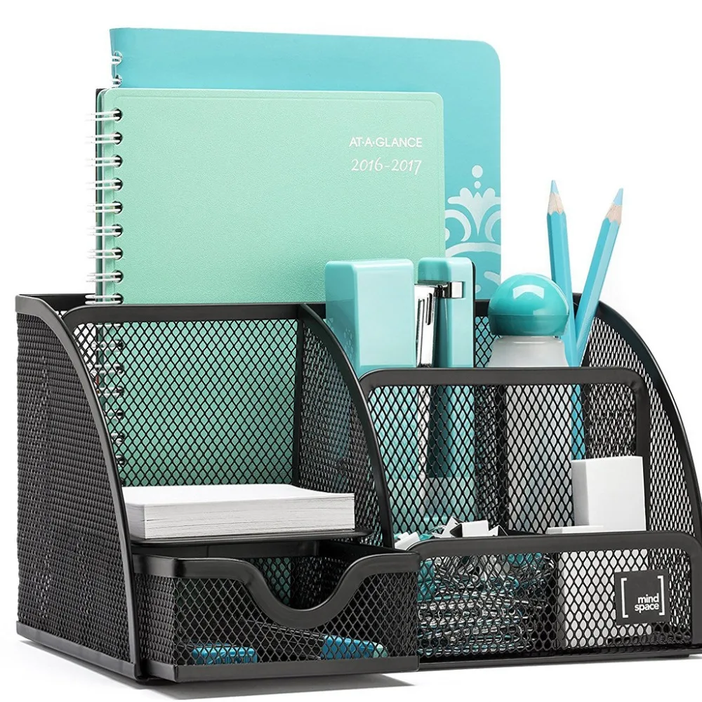 Multi-function metal desktop Organizer with 6 Compartments Drawer | The Mesh Collection Black Office storage rack#2B03