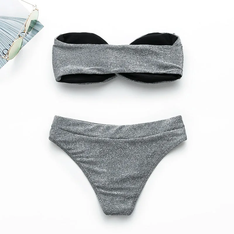 Bikinx, Серебряный Купальник с пуш-ап, женский купальник, микро Топ, высокая талия, бикини,, сексуальный купальник для женщин, блестящий бандо, купальник