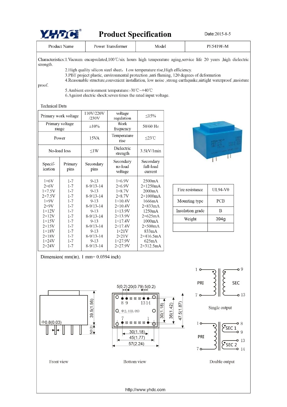Входное напряжение 220 В Выходное 2*15 в Инкапсулированный трансформатор YHDC