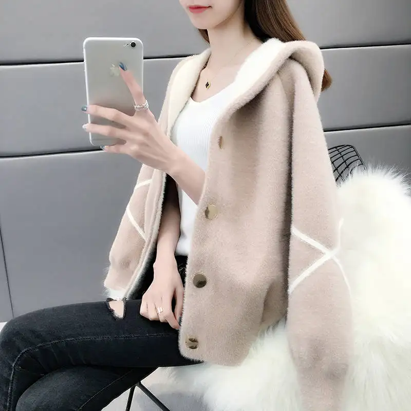 2019 Spring Autumn Fashion Women Long Sleeve Short Hooded Solid Knitting Coats Imitate Mink Villus Cardigan Sweater Clothes A09 |