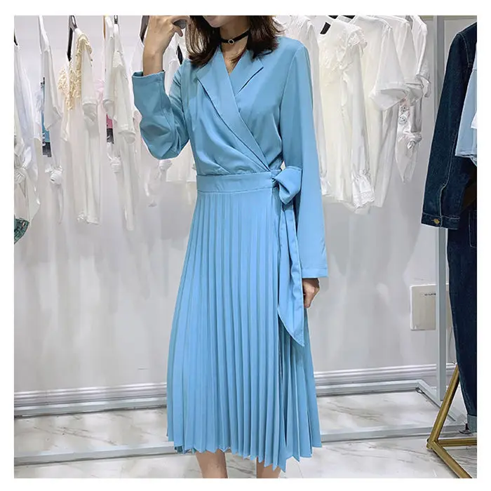 blue work dress Корейский костюм воротник дамы шифон лоскутное платье весна длинный рукав мода лук Подиум Плиссированное Платье Vestido Robe f676 - Цвет: blue work dress