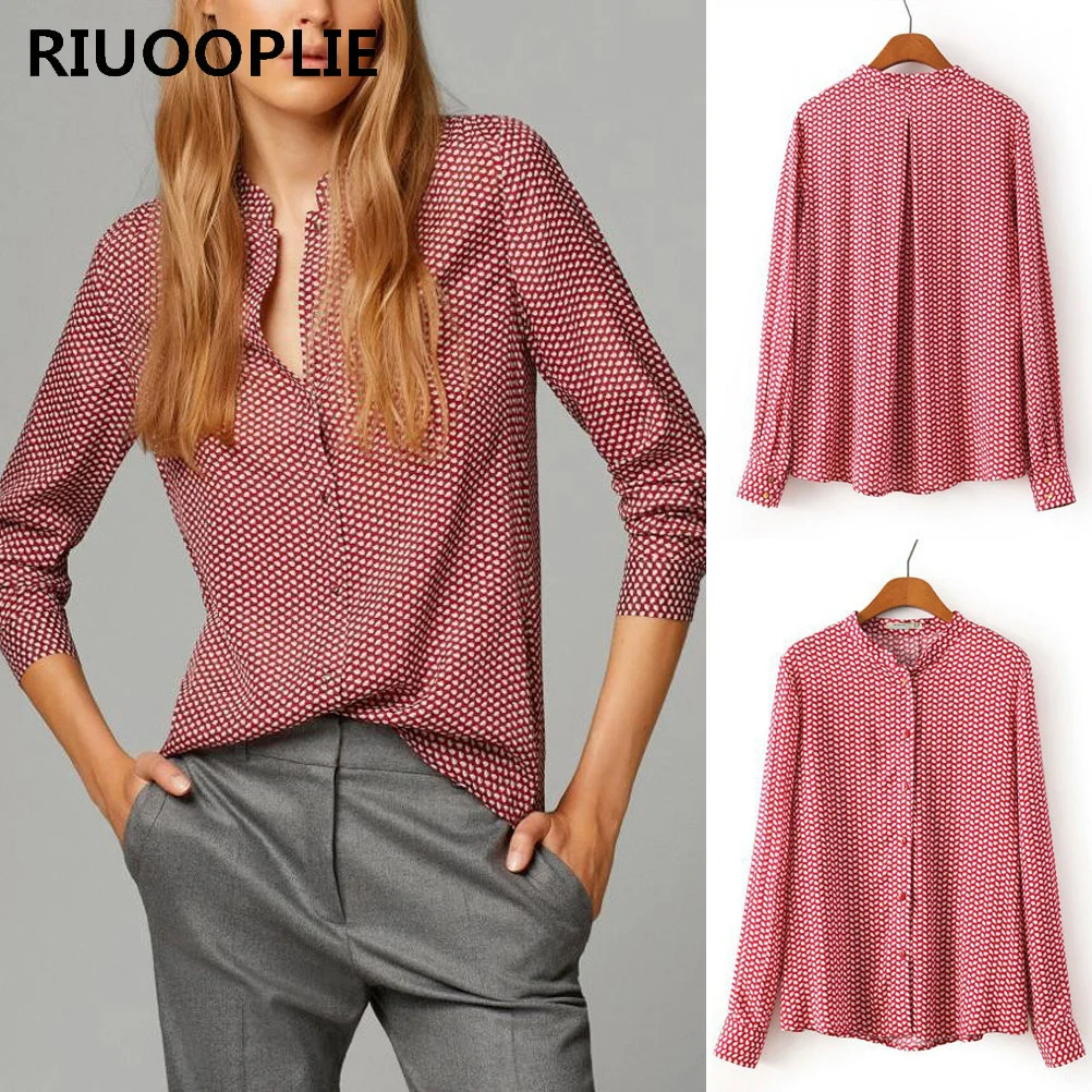 RIUOOPLIE Fun новые модные женские элегантные блузки с принтом красных листьев