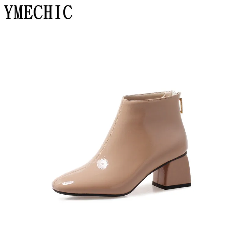 YMECHIC 2018 Модные осенние ботильоны из искусственной лакированной кожи на высоком