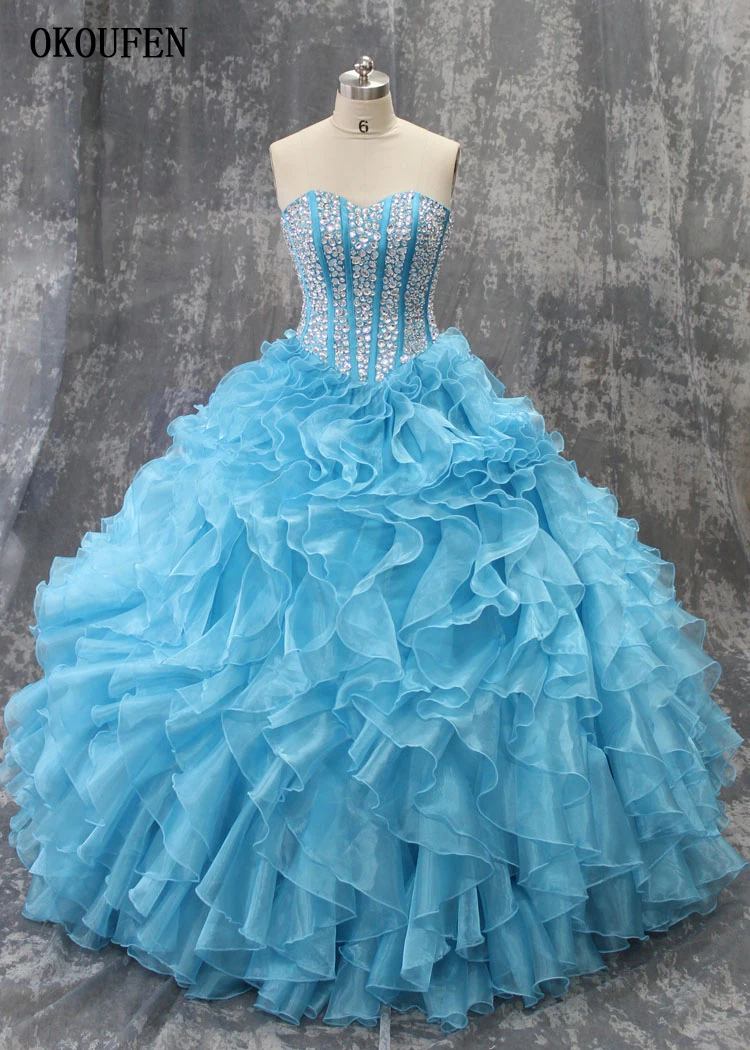 

Quinceanera Dresses 2021 Sky Blue Ball Gown Crystals Real Photos Ruffles vestido de 15 anos debutante Sweet 16 Dress ballkleid