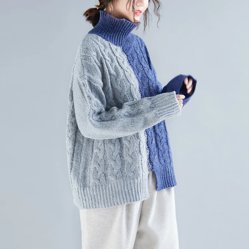 Осень Зима для женщин Модный пуловер Винтаж лоскутное хит цвет водолазка с