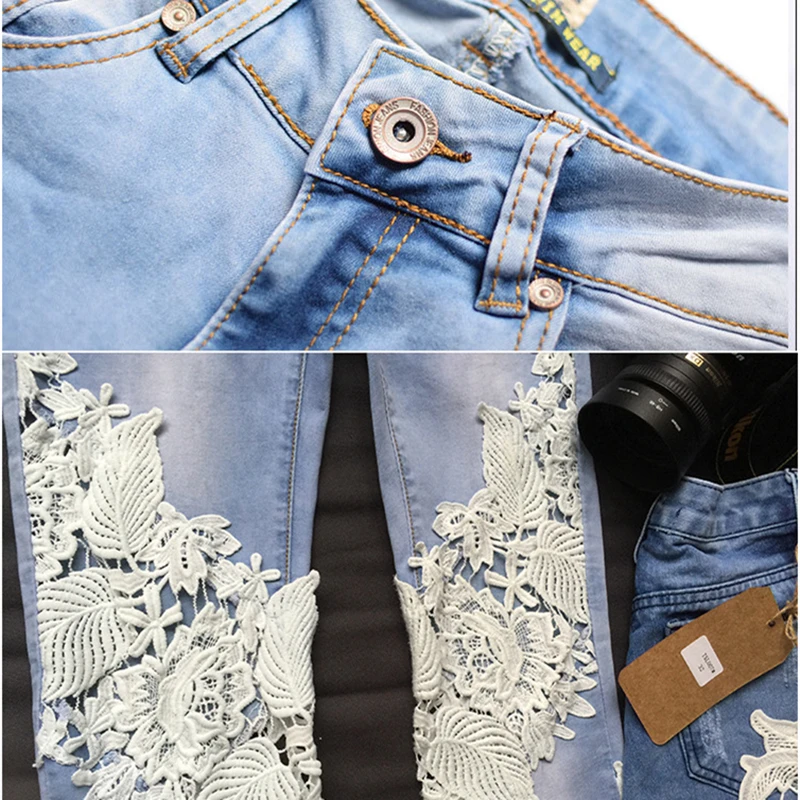 

Fashion Embroidery Skinny jeans woman ripped Lace jeans for women jeans femme Hole denim jean pants Scratched pantalones