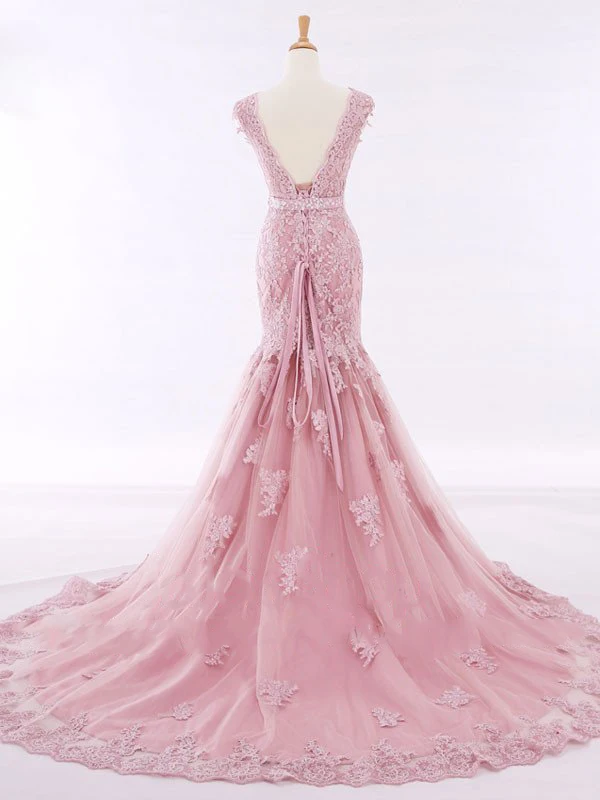 2017 Розовый Двойной V Шеи Кружева Аппликация узелок Cap рукава Вечернее Платье с Sash