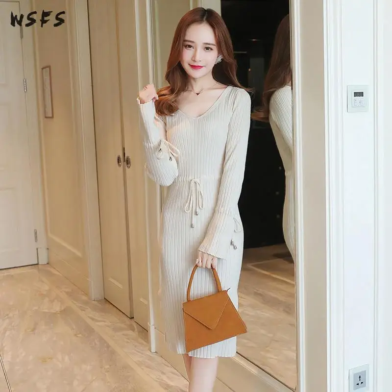 Autumn Winter Sweater Dress Black Coffee Red White Long Flare Sleeve Womens Dresses Bodycon Sexy Ladies Wrap Midi Pencil | Женская