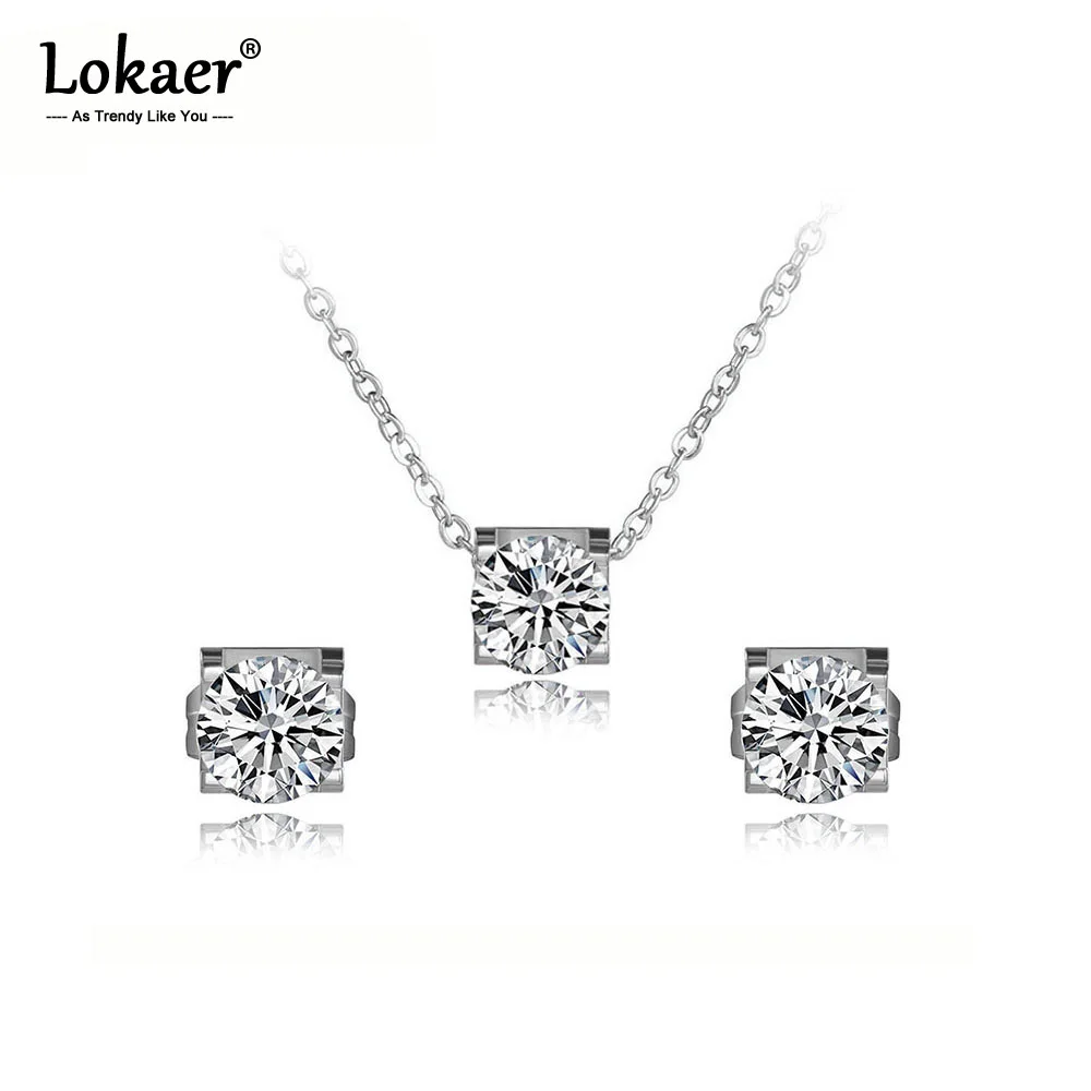 Lokaer, классика, мозаика из нержавеющей стали, блестящий AAA CZ Кристалл, ожерелье, серьги, свадебные наборы для женщин, обручальные кольца, ювелирное изделие SE027
