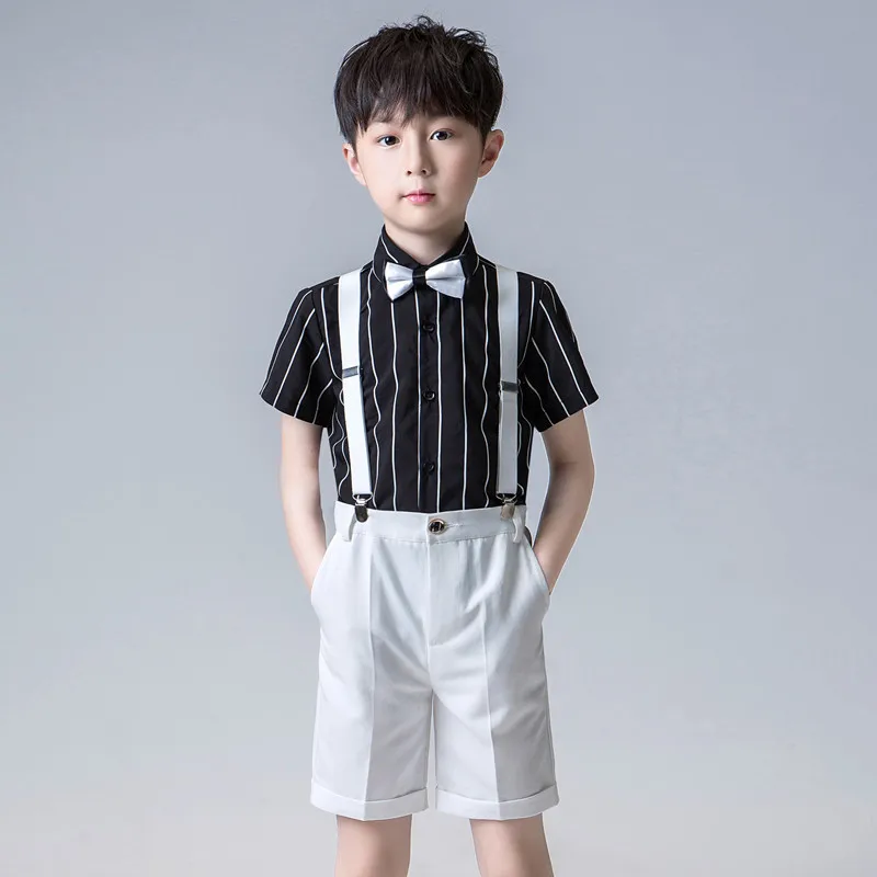 Flower Boys Fomal Wedding Dresses Set Kids Host Piano Performance Catwalk Costumes Children Striped Shirt Shorts Vest Clothes | Детская