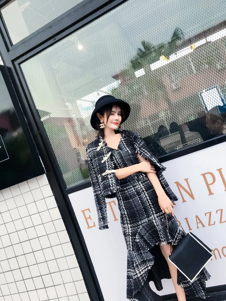 Женские 2018 зимние элегантные костюмы в клетку из 2 предметов топ с длинными