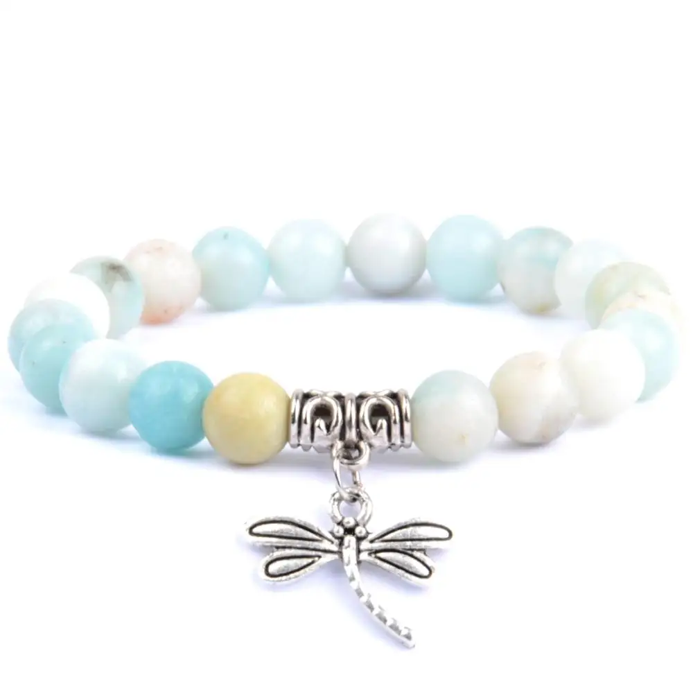 Amazonite Модные женские браслеты классические очаровательные стрекозы натуральный черный белый камень из бисера мужские подарочные браслеты и ювелирные изделия женский браслет - Окраска металла: Amazonite