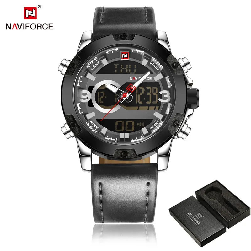 Мужские часы от ведущего бренда Naviforce, роскошные спортивные цифровые военные мужские часы из натуральной кожи, мужские наручные часы с хронографом 9097 - Цвет: NA909704 with box
