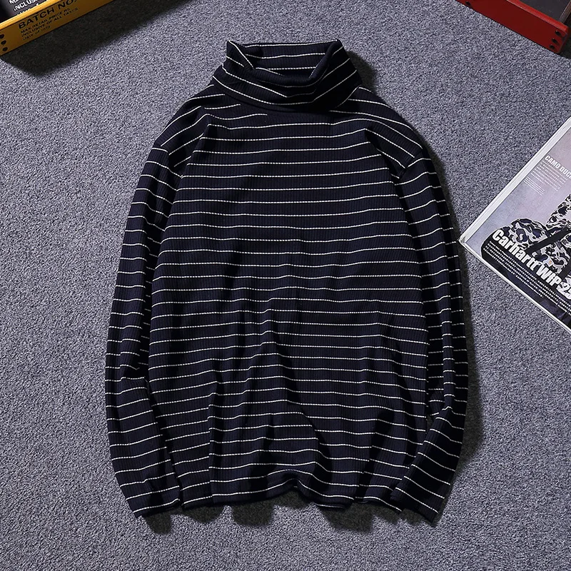 Korean version of young high-collar striped long-sleeved T-shirt for handsome men and leisure bottom shirt 2019 | Мужская одежда