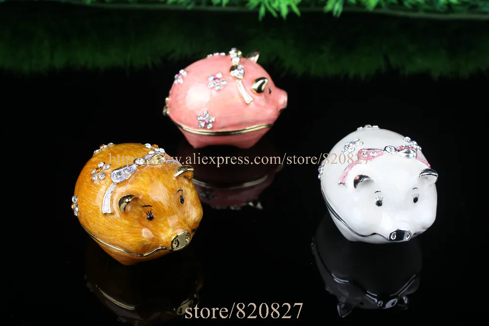 Enamel Pig Figurine with Element Crystals Trinket Pill Jewelry Box Pig with Crystals Jewelry Trinket Box Figurine
