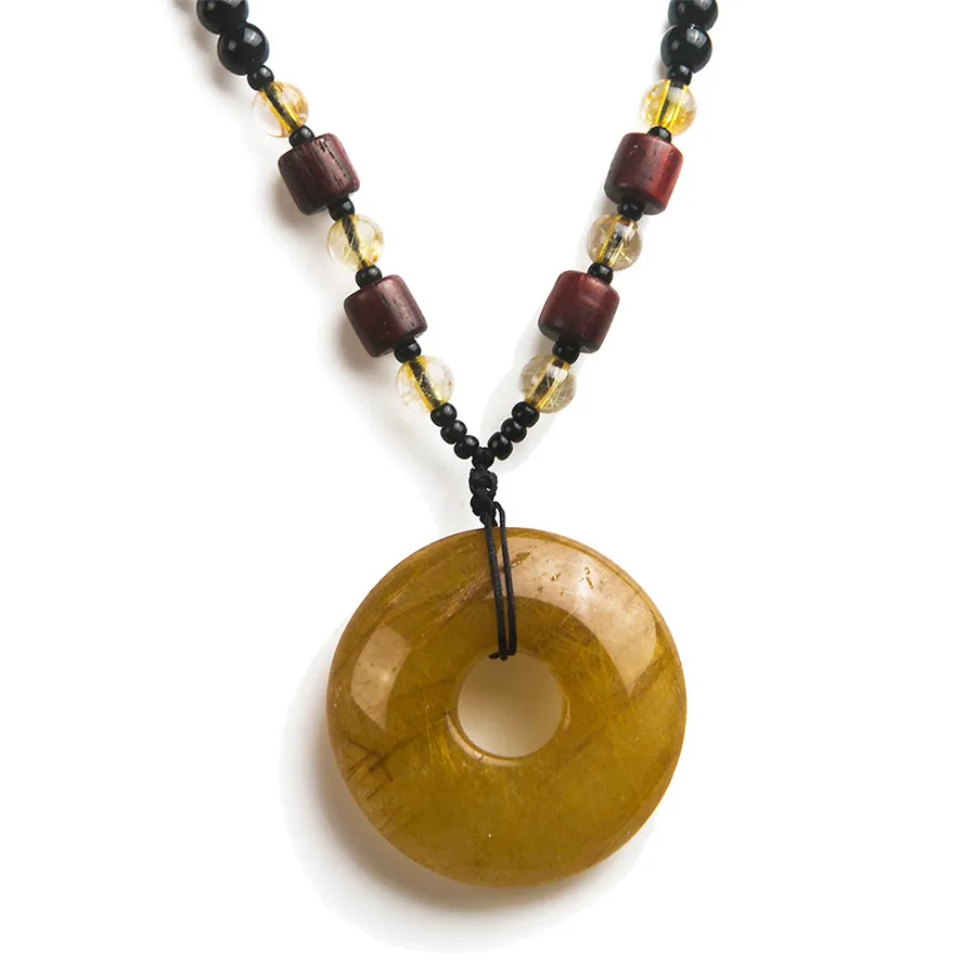 Подлинное натуральное золото Rutilated кварца кристалл круглый кулон ожерелье