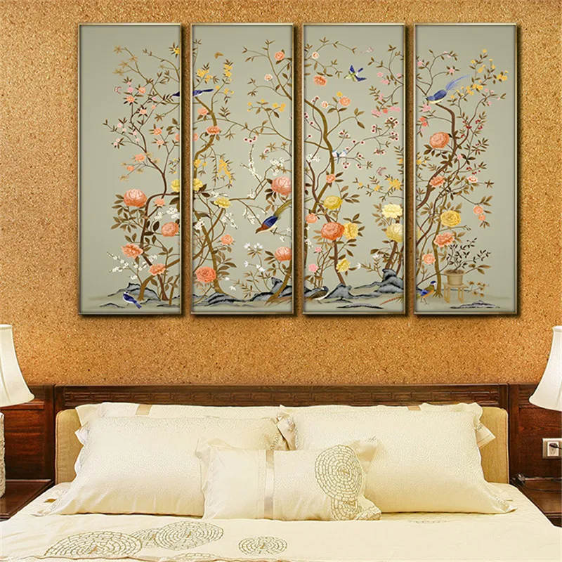 

YongHe Unframed Canvas Spray Oil Painting Traditional Chinese Painting Singing Birds And Fragrant Flowers Ink Painting Landscap