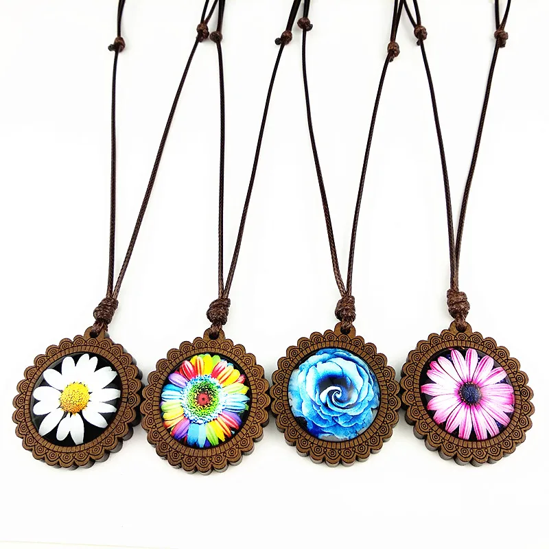 

24pcs Chrysanthemum, Daisy, Rose Dome Glass Wood Pendant Necklaces Women Necklaces Jewelry Wax Rope Chain DIY Necklaces gift