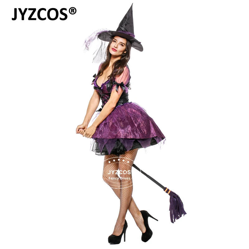 JYZCOS новые женские фиолетовый костюм ведьмы на Хэллоуин для Для женщин Маскарад
