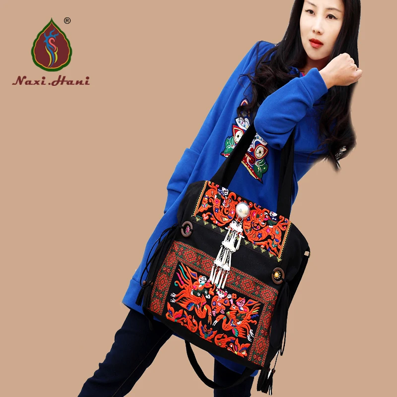 New Arrival Miya Embroidery Shoulder messenger bags Vintage black Canvas handbags Ethnic casual women bags