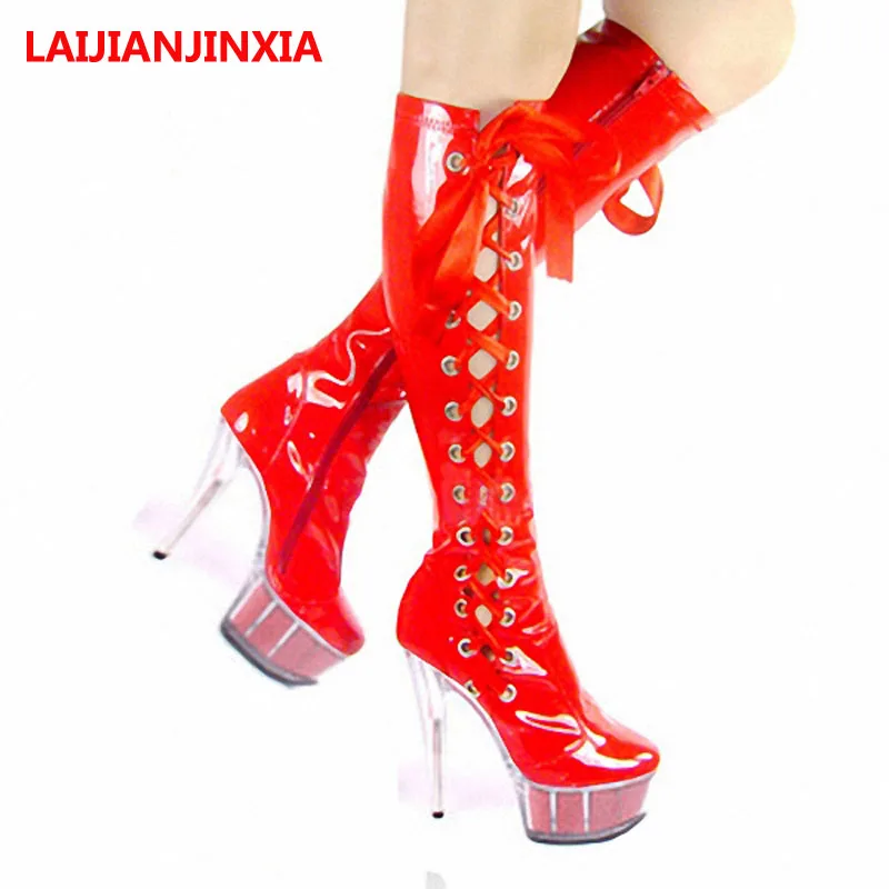 LAIJIANJINXIA Lace Up Sexy High Heels 5CM Platform Motorcycle Boots Women Party Shoes Knee Boot Dance shoes B-066