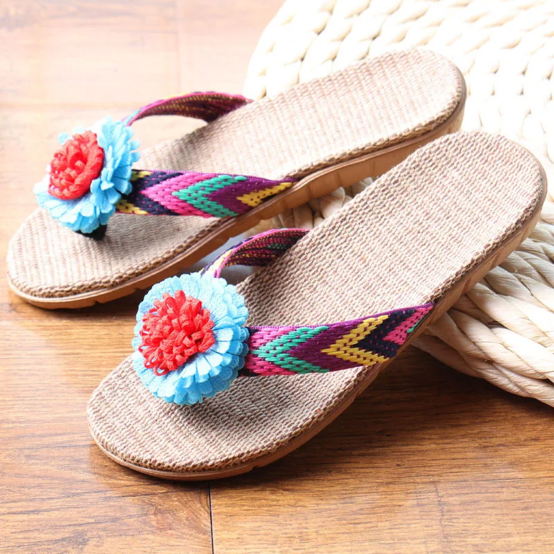 Новинка летние женские льняные тапочки сандалии на плоской подошве с цветочной