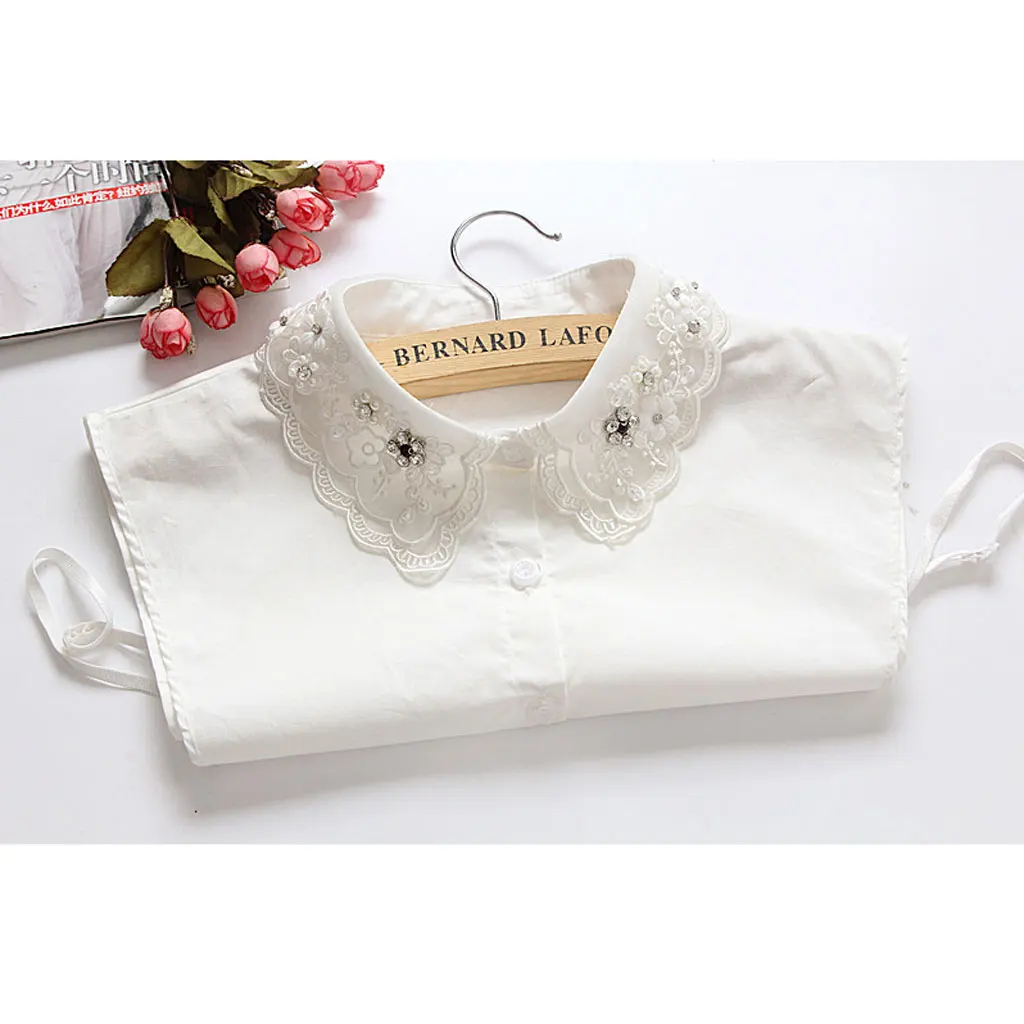 Женская полурубашка со съемным воротником украшенная бусинами|half shirts|white collar