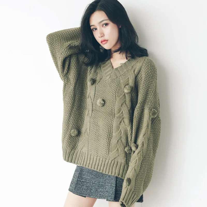 Vefadisa 2017 Autumn Winter New Korea Retro Vintage Green Weave Sexy V Neck 3D Ball Knitting Irregular Women Sweater A748 | Женская