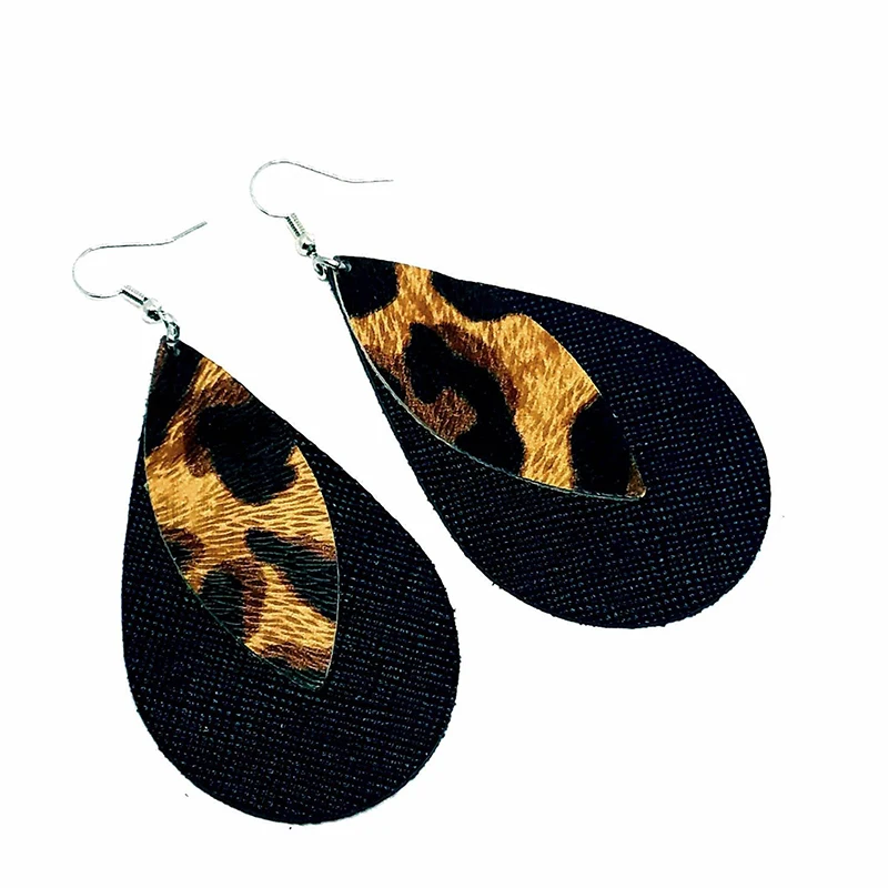 Двойные слои из ПУ с блестками в полоску длинные серьги форме слезы Leopard Water Drop