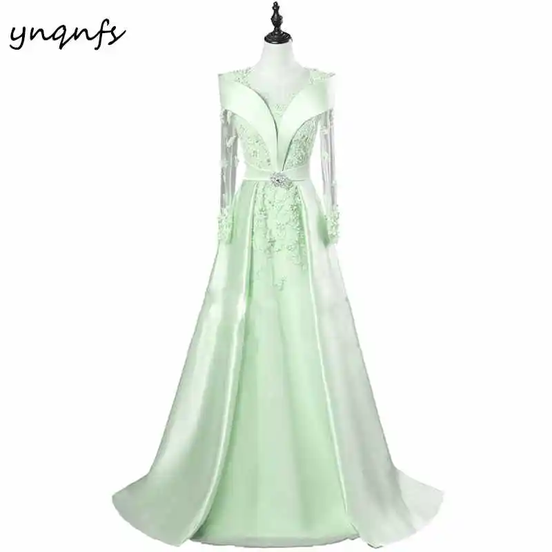 Mint Green YNQNFS M80 Винтаж атлас с длинным рукавом кружево халат Soiree Дубай желтый Vestido мать невесты торжественное платье для женщин Элегантный - Цвет: Mint Green