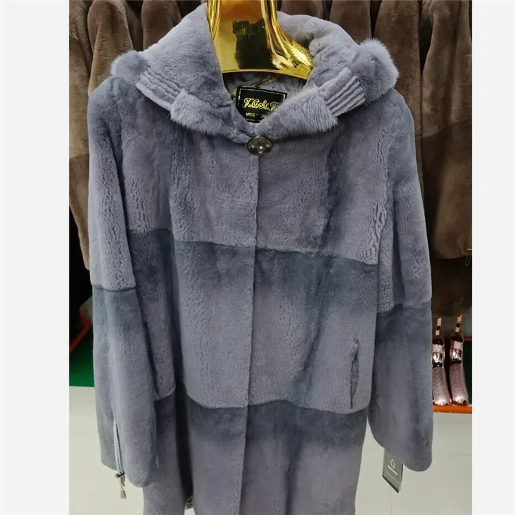 blue 2018women's new natural real rabbit fur coat wearing a hat, mink fur accessories coat, warm fashion, suitable for autumn and wi - Цвет: blue