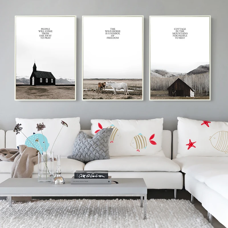 Скандинавский пейзаж плато дома и лошадь джунгли холст живопись художественный