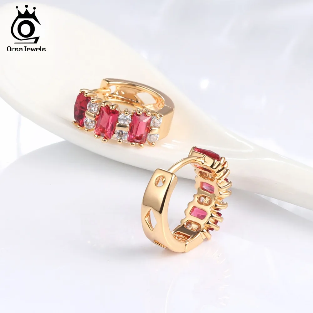 ORSA JEWELS роскошные женские серьги-кольца ААА Красный кубический циркон идеальные Полированные Золотые модные серьги, украшения для женщин OME41