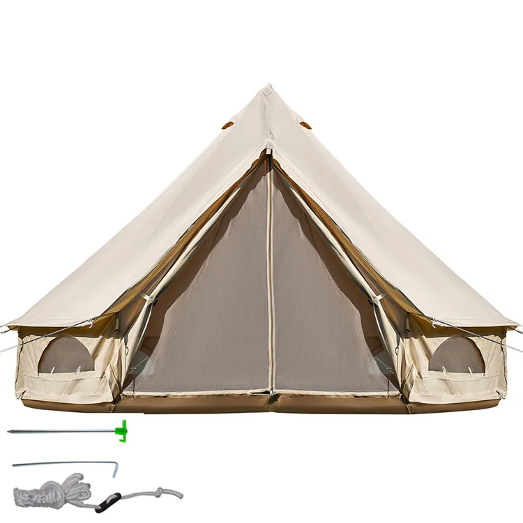 

4-Season 5-8 People Large Waterproof Cotton Canvas Bell Tent With Stove for Camping Parties(4M DIA)