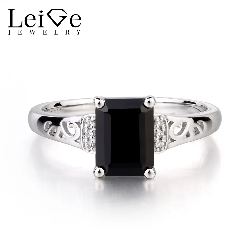 

Leige Jewelry Emerald Cut Real Natural Black Spinel Ring Anniversary Rings Black Gemstone Ring Solid 925 Sterling Silver for Her