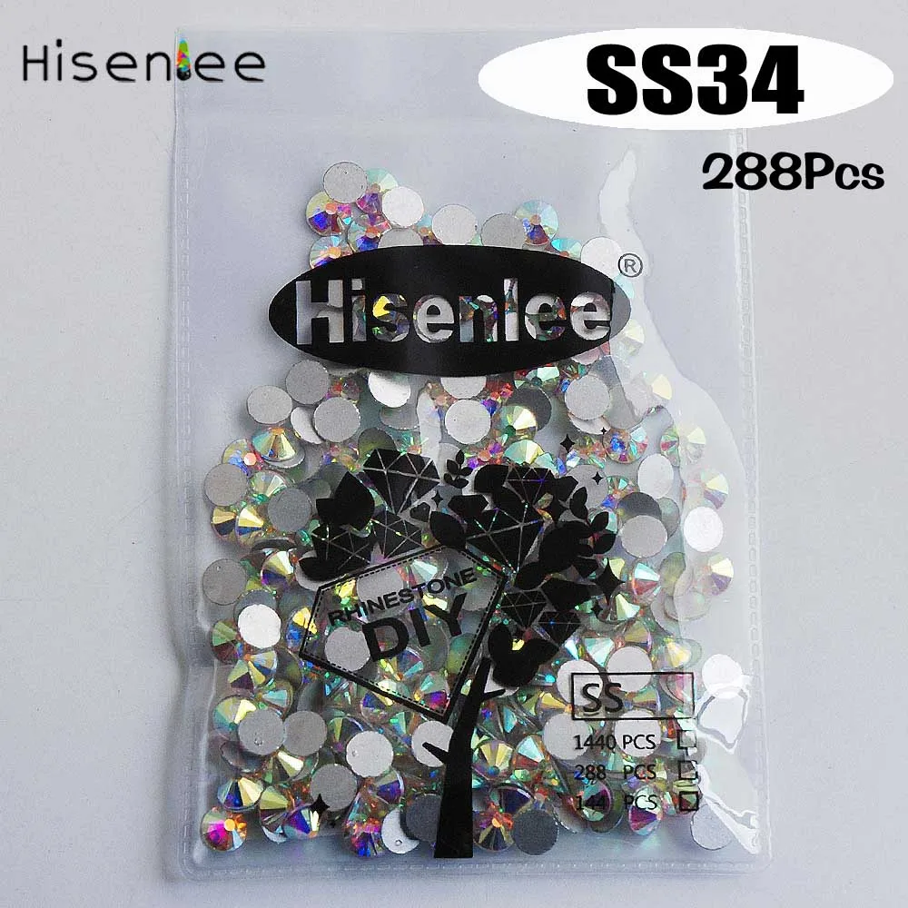 ss34 288pcs Hisenlee, SS3-SS40, смешанные Стразы с плоской задней поверхностью для дизайна ногтей, стразы для рукоделия, аксессуары для украшения ногтей - Цвет: ss34 288pcs