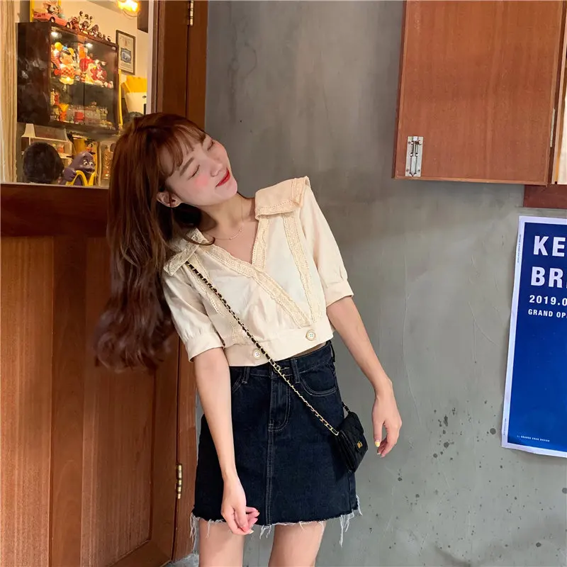 Alien Kitty Fashion Loose All-Match Short Sleeves Retro Summer Patchwork Lace 2019 Casual V-Neck Female Sweet New Style Shirts | Женская
