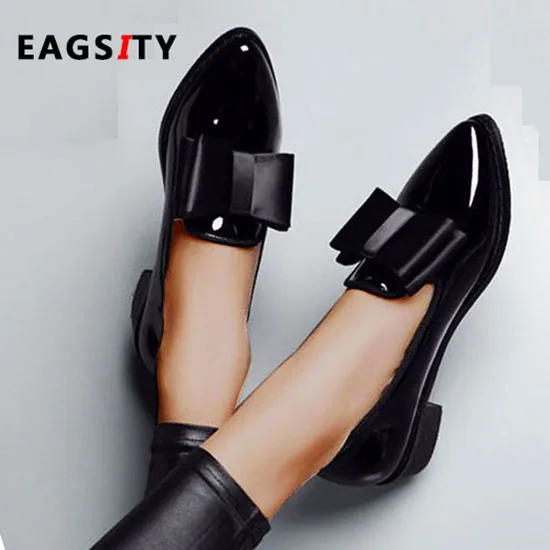 Лоферы женские из лакированной кожи на блочном каблуке с острым носком|slip on|shoes