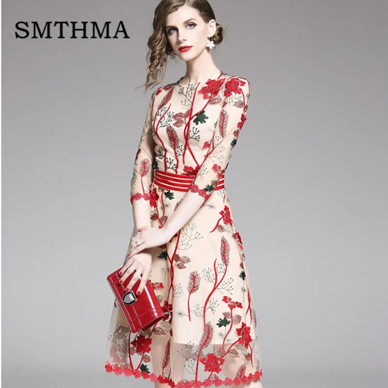 Photo Color SMTHMA Новое модное подиумное платье для женщин с трехмерной цветочной вышивкой летнее платье винтажное вечернее платье vestidos - Цвет: Photo Color