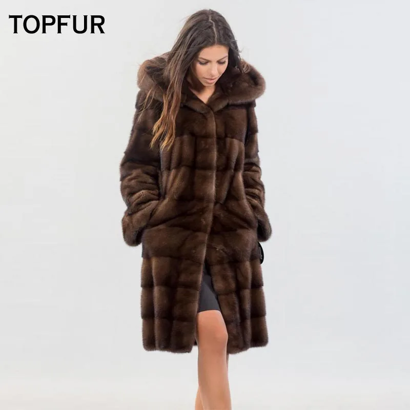 Новое поступление 2019 пальто TOPFUR из натуральной норки с большим капюшоном тонкая