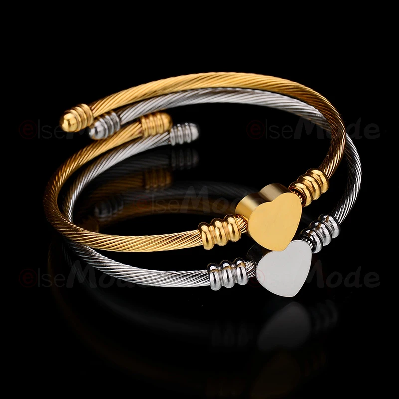 ELSEMODE Любовь Сердце стальной проволоки манжеты Открытие браслеты золото/сталь