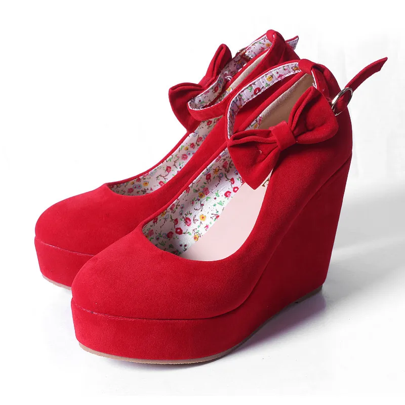 MVP BOY Women High Heels Shoes Plus Size Platform Wedges Female Pumps Elegant Flock Buckle Bowtie Ankle Strap Party Wedding | Обувь