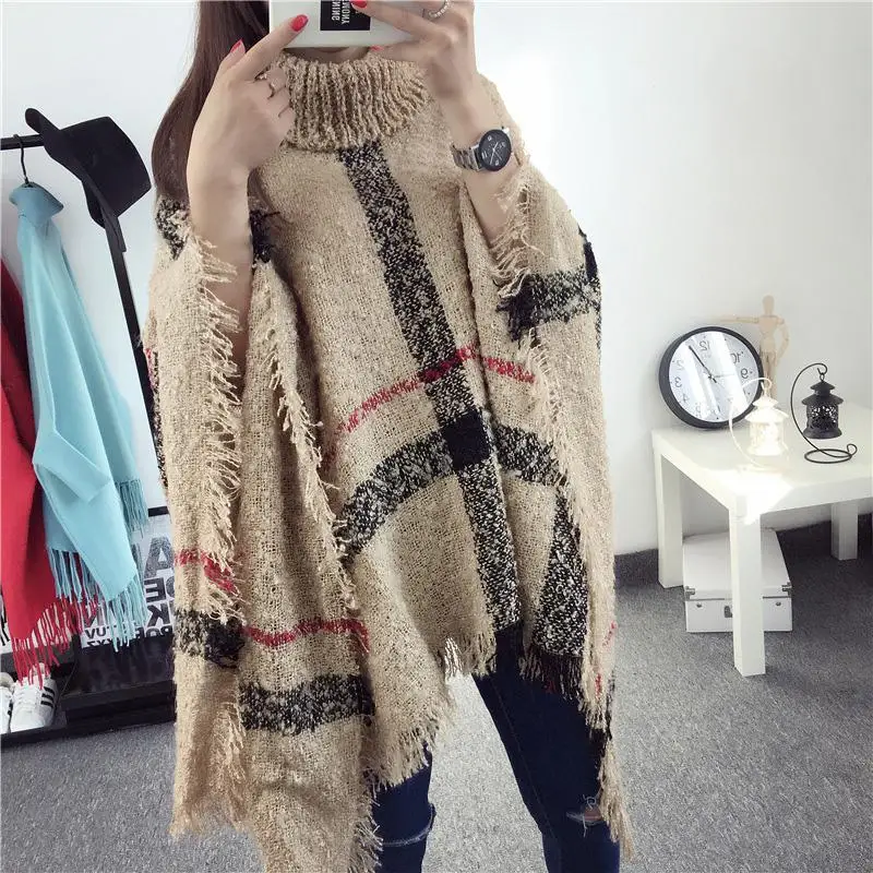 Yiwa Women High-necked Plaid Sweater Loose Bat Design Sleeve Knit Fringed Cape Jacket super soft wool fall and winter | Женская одежда
