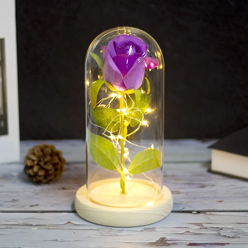 purple Wood base Красота и красный зверь искусственные розовые цветы со светодиодной подсветкой творческие подарки на день Святого Валентина рождественский подарок домашний декор - Цвет: purple Wood base