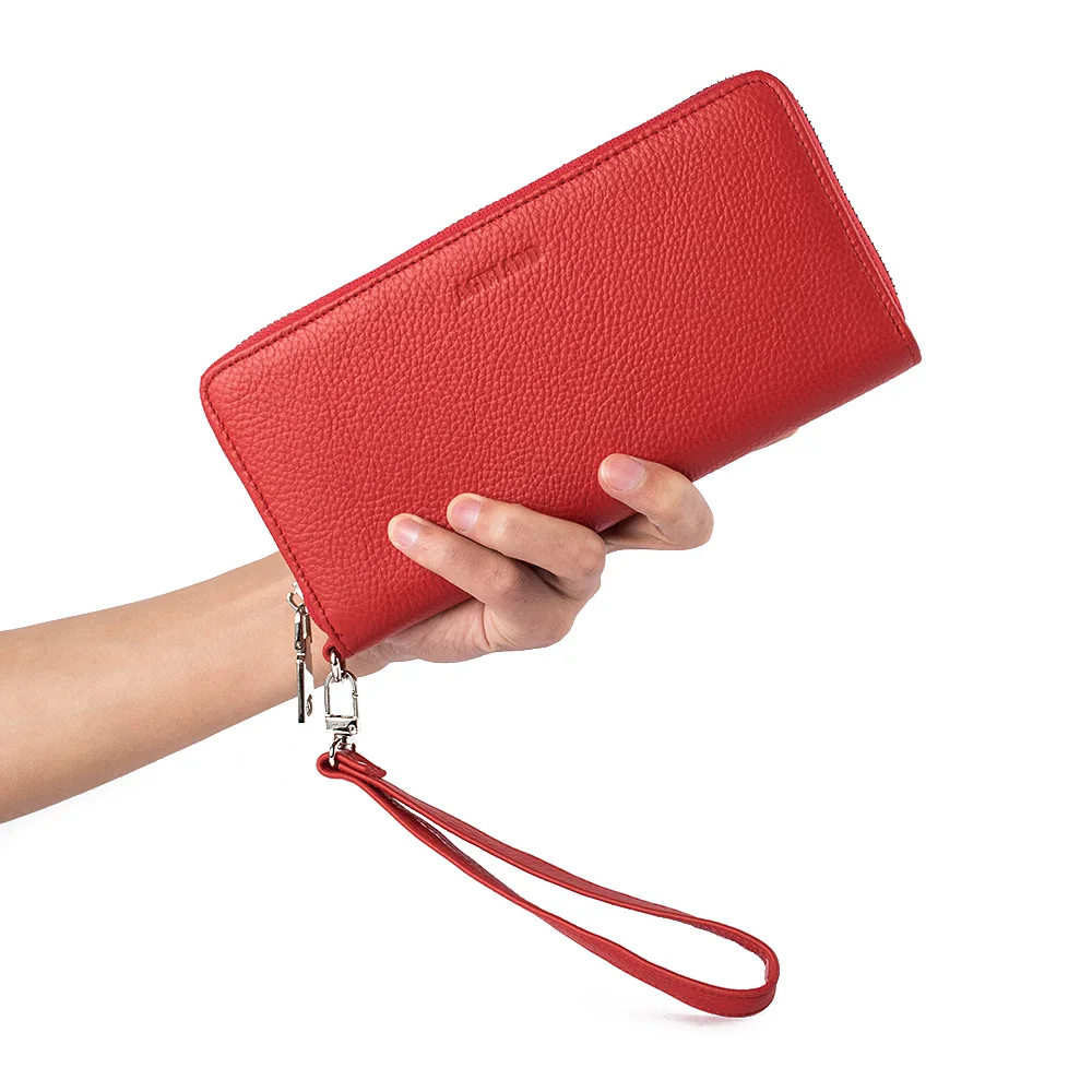 Red Genuine Leather Women Wallet Female Long Clutch Lady Walet SS593-55 Zipper Purse Strap Coin Purse - Цвет: Red
