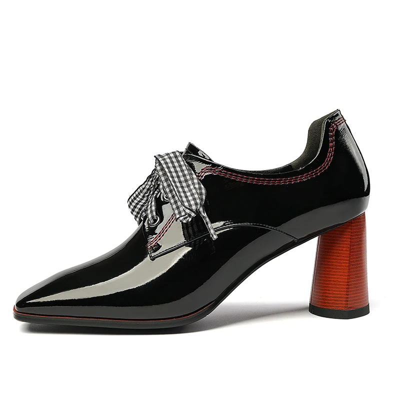 ISNOM Patent Leather Pumps Women High Heels Stripe Pumps Plaid Cross Tied Shoes Female Square Toe Party Shoes Autumn New