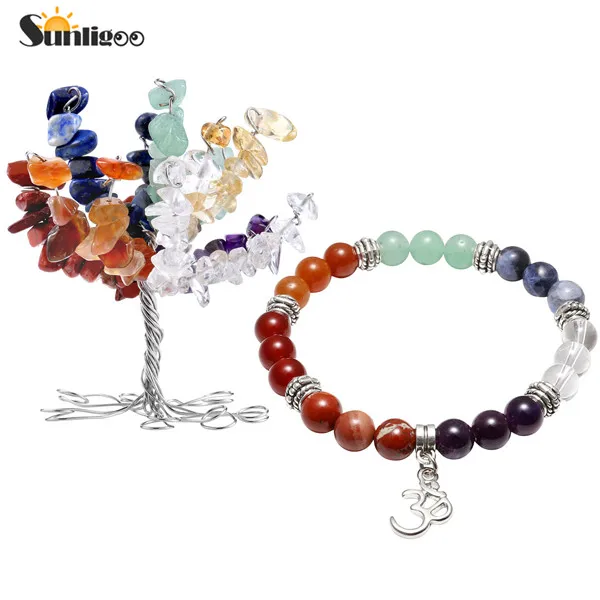 Set 4 Sunligoo 7 Исцеление чакры Кристалл галтованные камни Монета на удачу дерево декор W/7 Исцеление чакры Кристалл баланс браслет украшение - Цвет: Set 4