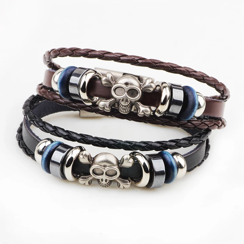 Новые мужские плетеные браслеты из натуральной кожи с черепами в стиле панк рок