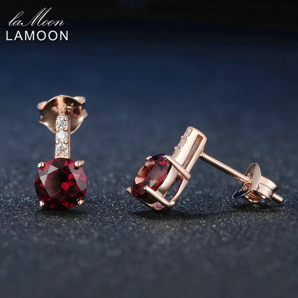 LAMOON Earring Trendy 2ct Natural Red Garnet 925 Sterling Silver Fine Jewelry Stud Earrings For Women Kaffa ChALkeR New | Украшения и