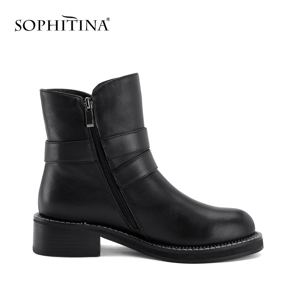 SOPHITINA/Модные ботильоны с пряжкой; Высококачественная зимняя женская обувь из коровьей кожи; удобная обувь в стиле ретро на низком каблуке с круглым носком; M29